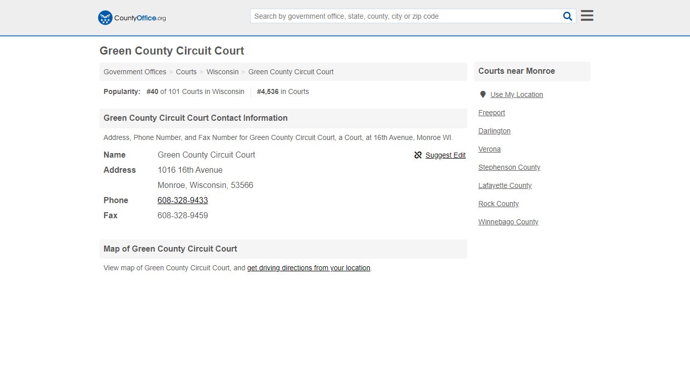 Green County Circuit Court - Monroe, WI (Address, Phone, and Fax)